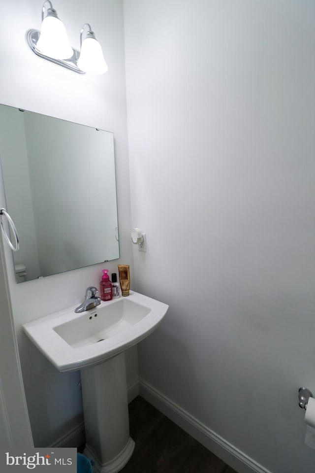 bathroom with wood-type flooring