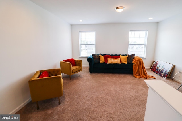 living room with light colored carpet