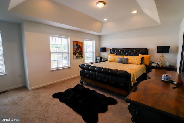 carpeted bedroom with a tray ceiling