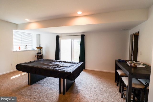 game room featuring billiards, a wealth of natural light, and carpet