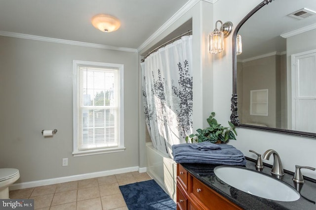 full bathroom with vanity, tile patterned flooring, crown molding, toilet, and shower / bath combo with shower curtain