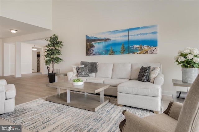 living area with baseboards, wood finished floors, and a towering ceiling