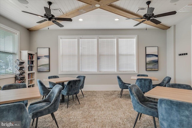 office with recessed lighting, visible vents, baseboards, and wood ceiling