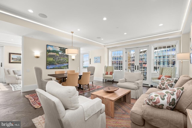 living room with dark parquet flooring