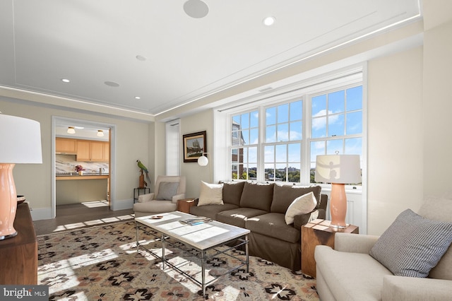 living room with ornamental molding