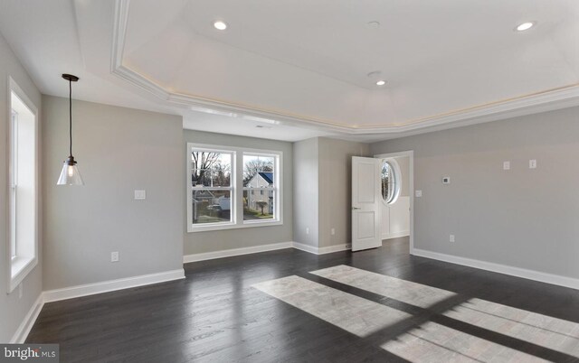 spare room with a tray ceiling and dark hardwood / wood-style flooring