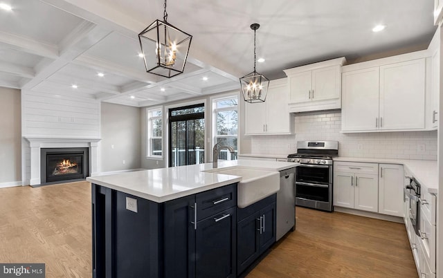 kitchen with white cabinets, an inviting chandelier, stainless steel appliances, and sink