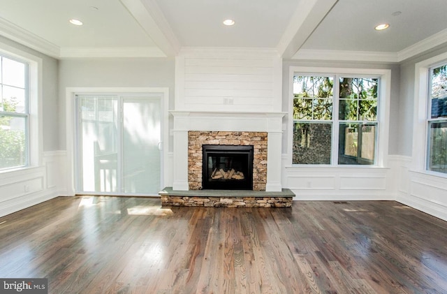 unfurnished living room with a stone fireplace, dark hardwood / wood-style floors, and plenty of natural light