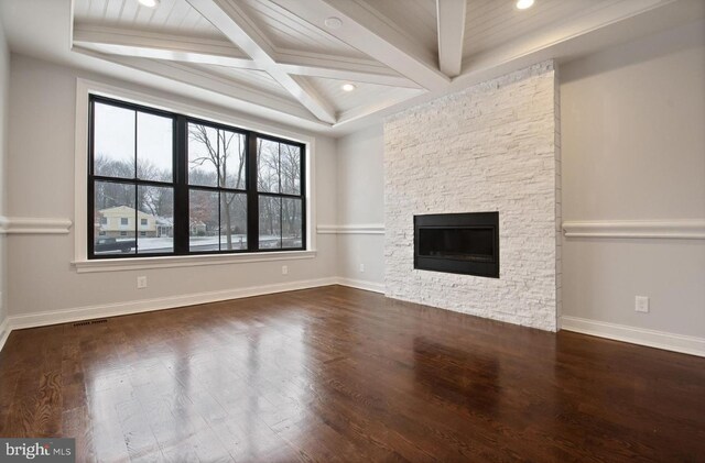 unfurnished living room with coffered ceiling, a fireplace, beam ceiling, and dark hardwood / wood-style floors