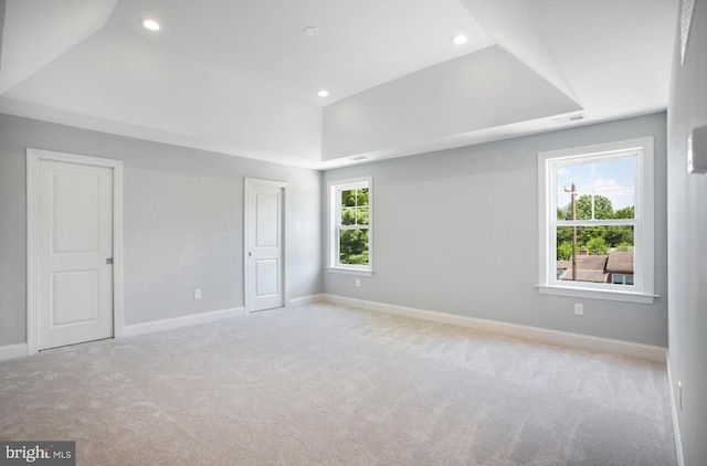 carpeted spare room featuring a raised ceiling