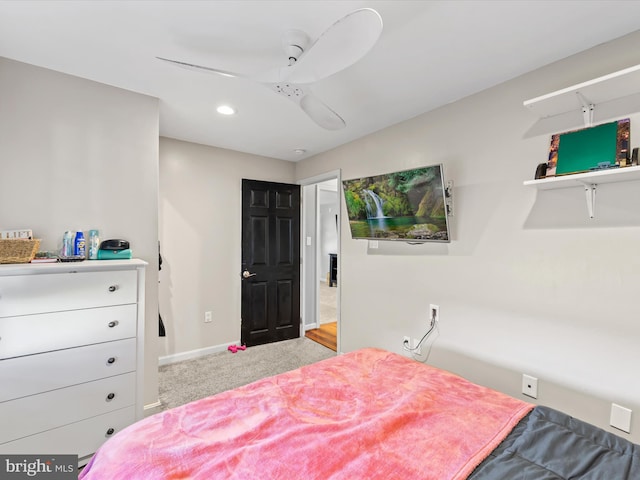 bedroom featuring carpet flooring and ceiling fan