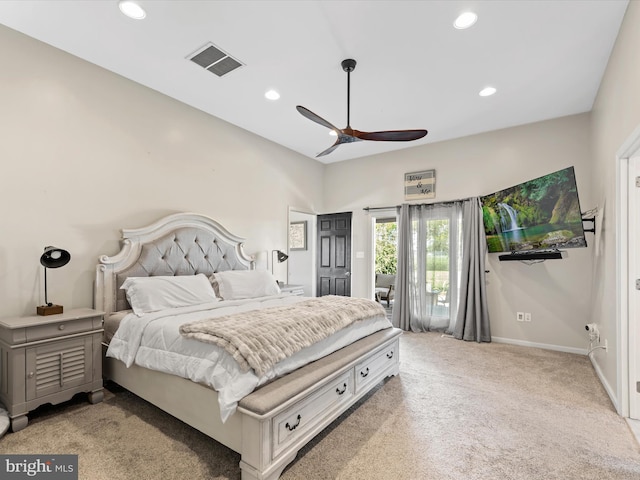 bedroom featuring light colored carpet and ceiling fan