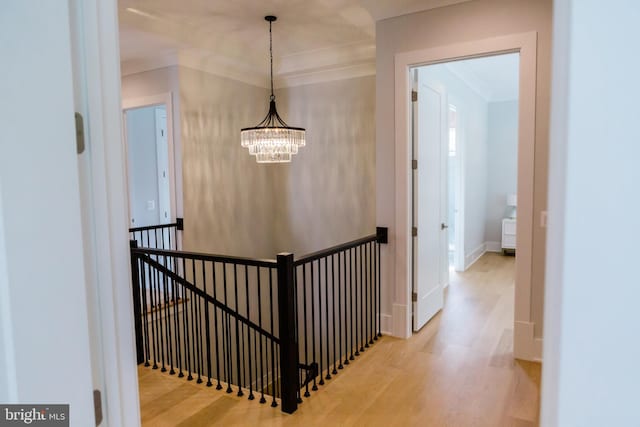 corridor with crown molding, light hardwood / wood-style floors, and a notable chandelier