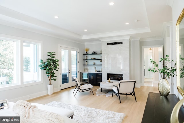 living room with a tile fireplace, french doors, light hardwood / wood-style floors, sink, and a tray ceiling