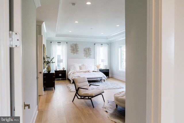 bedroom with a raised ceiling and light hardwood / wood-style floors