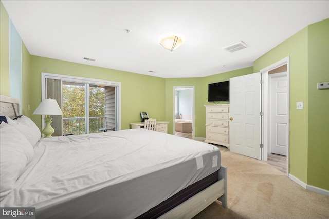 bedroom with access to exterior, baseboards, visible vents, and light carpet