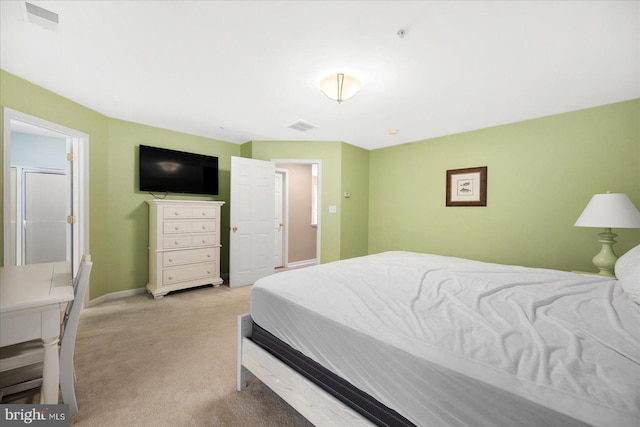 bedroom featuring light carpet, visible vents, and baseboards