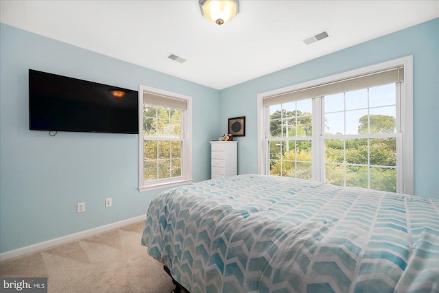 carpeted bedroom featuring visible vents and baseboards