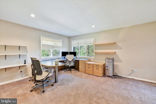 office with light carpet, recessed lighting, and baseboards