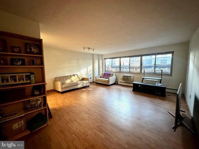 living room featuring wood-type flooring and track lighting