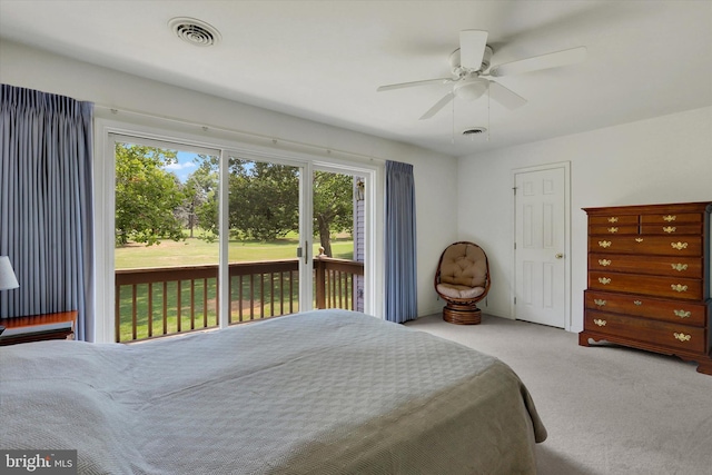 bedroom with ceiling fan, light colored carpet, and access to outside