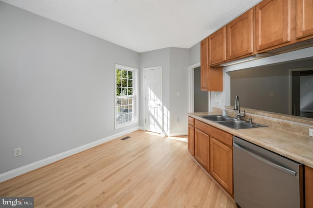 kitchen with light hardwood / wood-style floors, sink, and stainless steel dishwasher