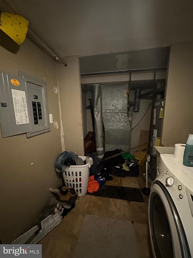 laundry room with washer / dryer, electric panel, and water heater