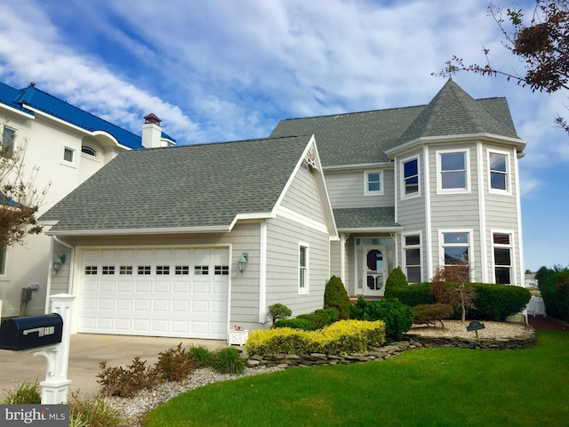 view of front of property with a front lawn and a garage