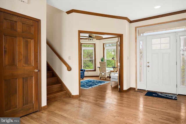 entrance foyer featuring light hardwood / wood-style floors, crown molding, and ceiling fan