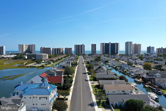 aerial view featuring a water view