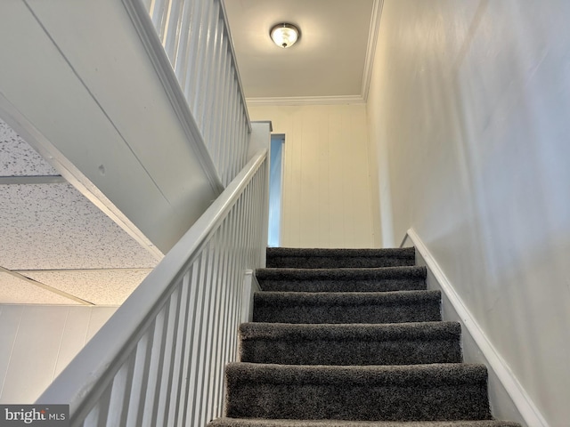 staircase with ornamental molding and a paneled ceiling