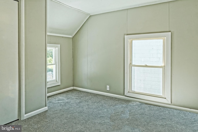 unfurnished room featuring lofted ceiling and carpet floors