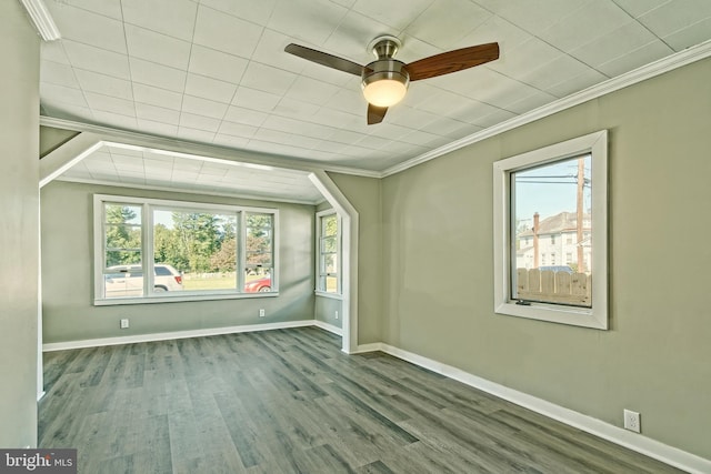 unfurnished room featuring ceiling fan, crown molding, and wood-type flooring