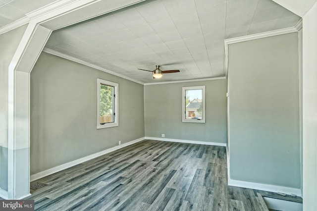 spare room featuring crown molding, ceiling fan, and hardwood / wood-style flooring