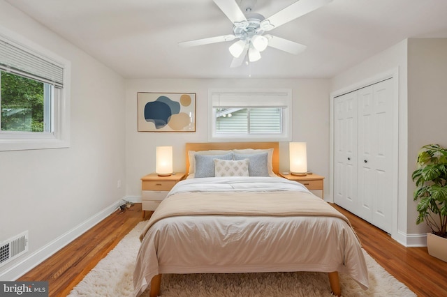 bedroom featuring wood-type flooring, ceiling fan, and a closet