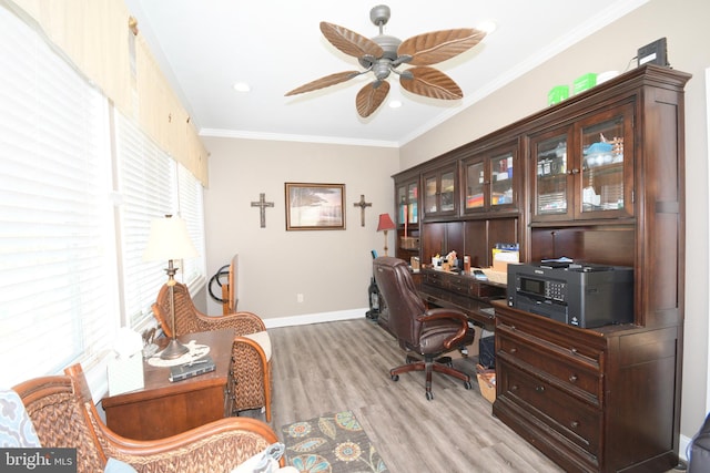 home office featuring ceiling fan, light wood-type flooring, and ornamental molding