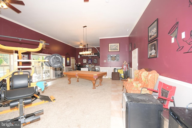 recreation room with tile patterned floors, ornamental molding, and billiards