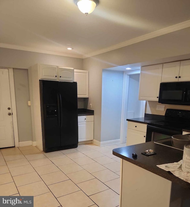 kitchen with white cabinetry, crown molding, light tile patterned flooring, and black appliances