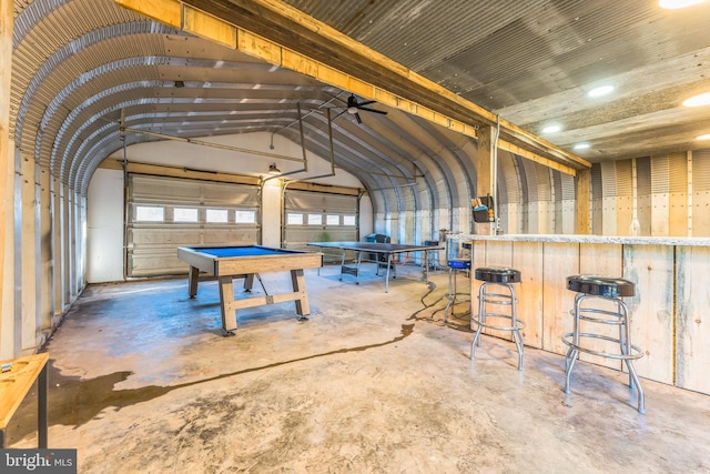 miscellaneous room featuring ceiling fan, concrete floors, and billiards