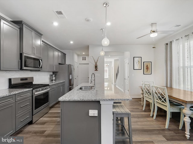 kitchen featuring a center island with sink, sink, gray cabinetry, and stainless steel appliances