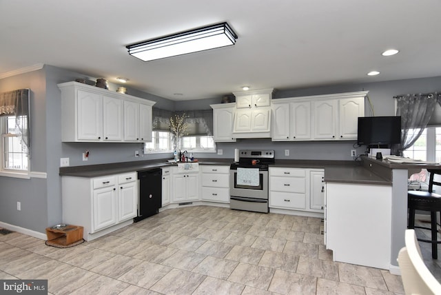 kitchen with stainless steel range with electric stovetop, white cabinetry, a kitchen breakfast bar, dishwasher, and kitchen peninsula