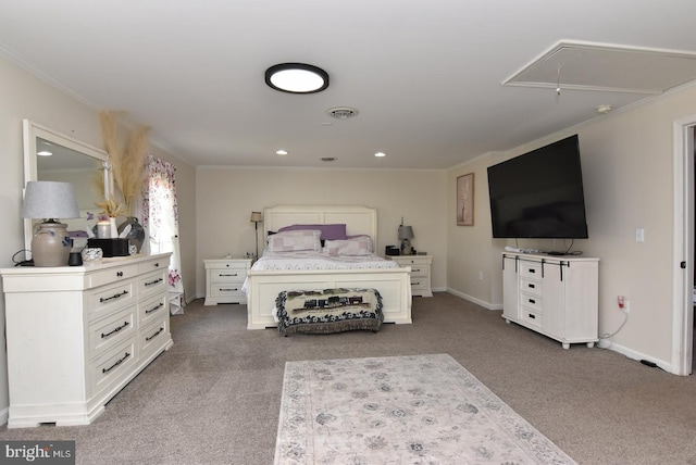 bedroom featuring carpet and crown molding