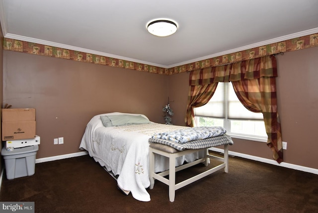 carpeted bedroom featuring crown molding