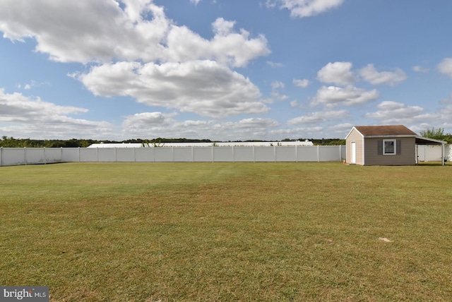 view of yard featuring a storage unit