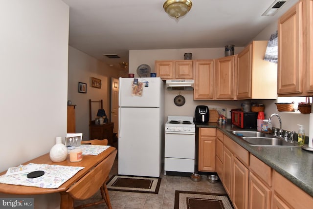 kitchen with white appliances, light brown cabinets, and sink