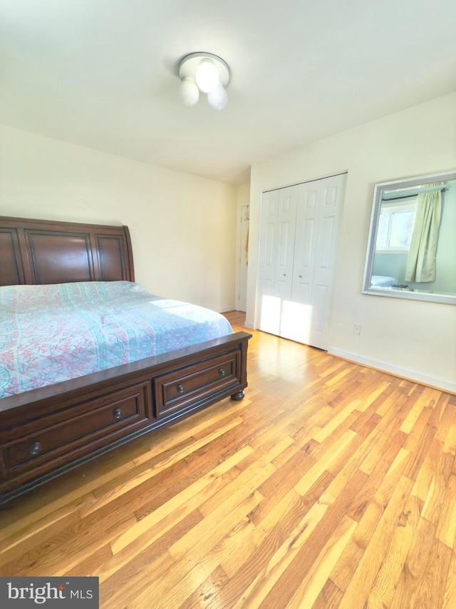 bedroom featuring light hardwood / wood-style floors and a closet