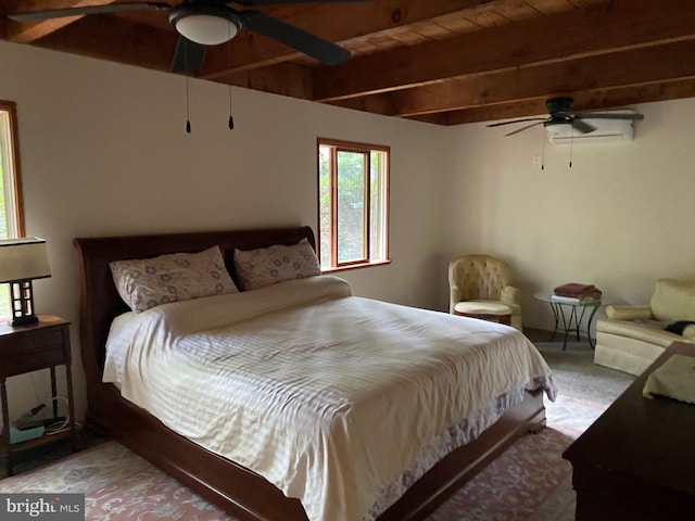 bedroom featuring ceiling fan, carpet, and beamed ceiling