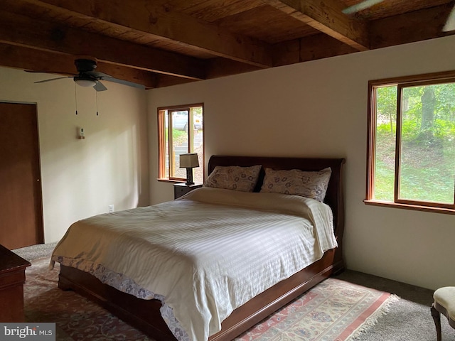 carpeted bedroom with multiple windows, ceiling fan, and beam ceiling