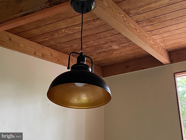 details with wood ceiling and beamed ceiling