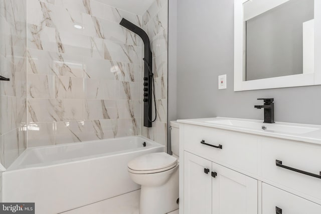 full bathroom with vanity, tiled shower / bath combo, toilet, and tile patterned flooring